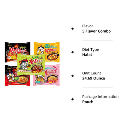 Buldak Chicken Stir Fried Ramen Korean Ramen (5 Flavor Combo, 5 Pack)