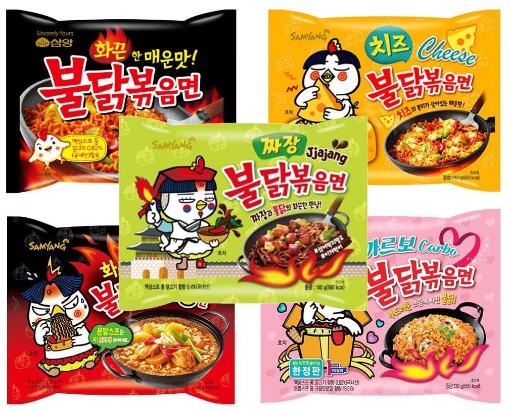 Buldak Chicken Stir Fried Ramen Korean Ramen (5 Flavor Combo, 5 Pack)