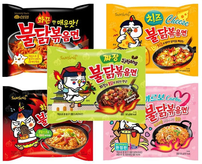 Buldak Chicken Stir Fried Ramen Korean Ramen (5 Flavor Combo, 5 Pack)