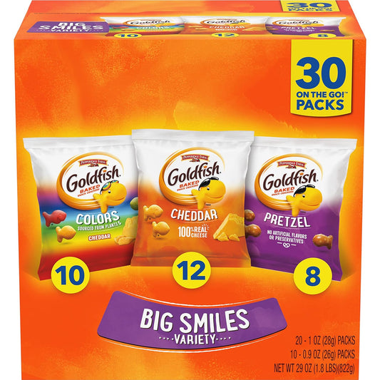 Crackers Big Smiles Variety Pack with Cheddar, Colors, and Pretzels, Snack Packs, 30 Ct