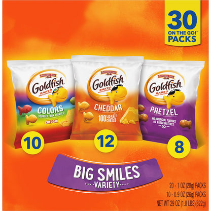 Crackers Big Smiles Variety Pack with Cheddar, Colors, and Pretzels, Snack Packs, 30 Ct