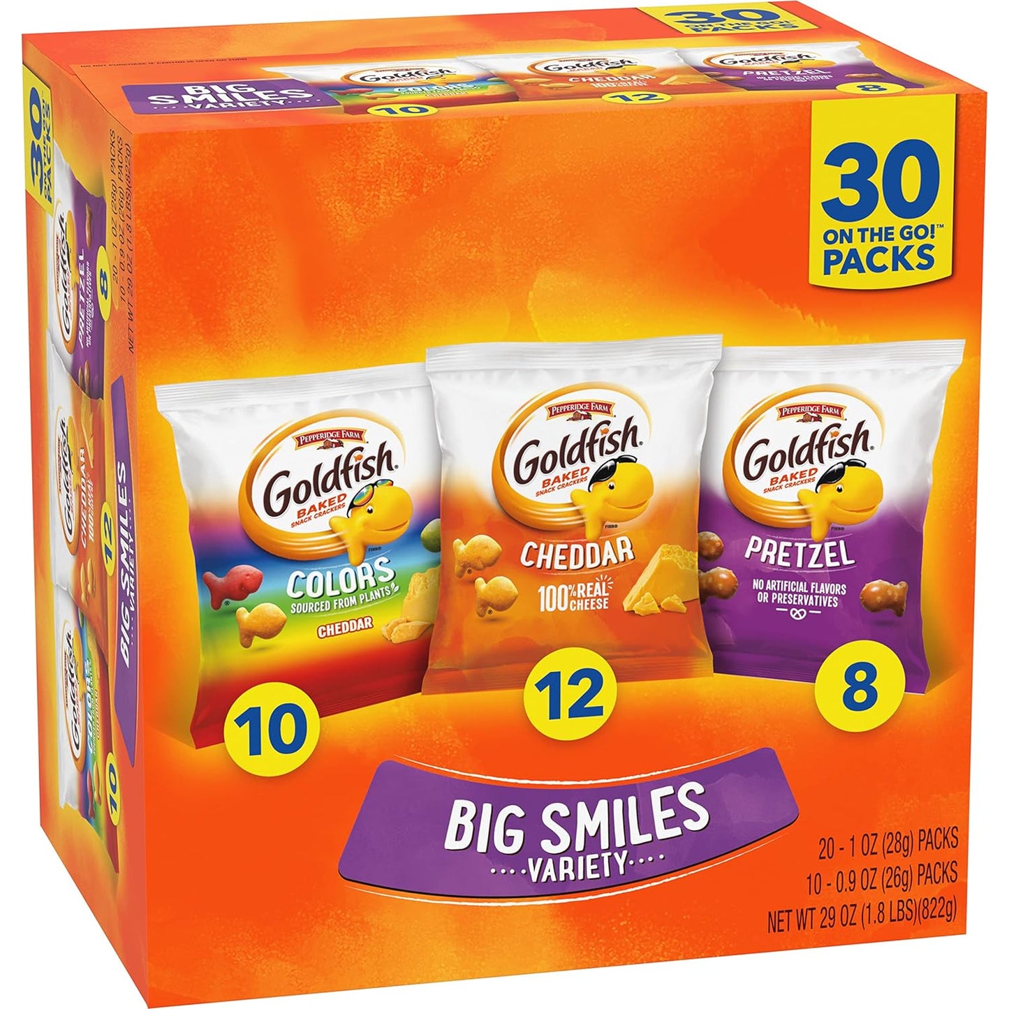 Crackers Big Smiles Variety Pack with Cheddar, Colors, and Pretzels, Snack Packs, 30 Ct